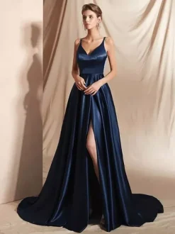 Evening Dress A-Line V-Neck Satin Fabric With Train Split Front Social Party Dresses