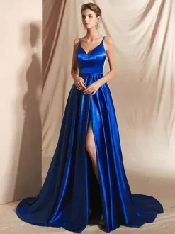 Evening Dress A-Line V-Neck Satin Fabric With Train Split Front Social Party Dresses