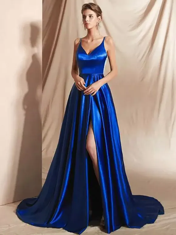 Evening Dress A-Line V-Neck Satin Fabric With Train Split Front Social Party Dresses