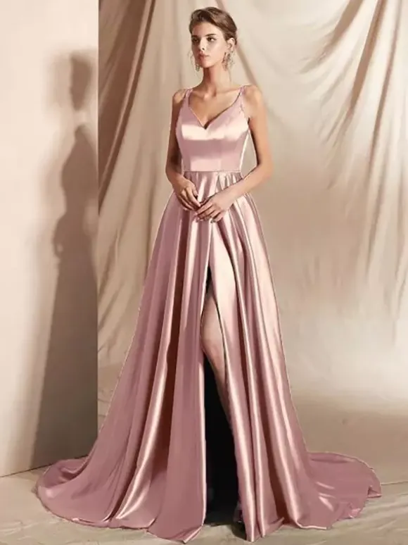 Evening Dress A-Line V-Neck Satin Fabric With Train Split Front Social Party Dresses