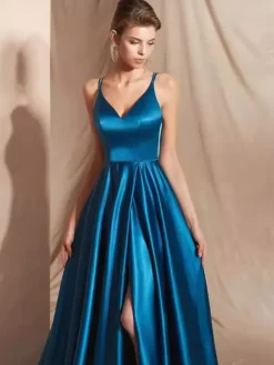 Evening Dress A-Line V-Neck Satin Fabric With Train Split Front Social Party Dresses