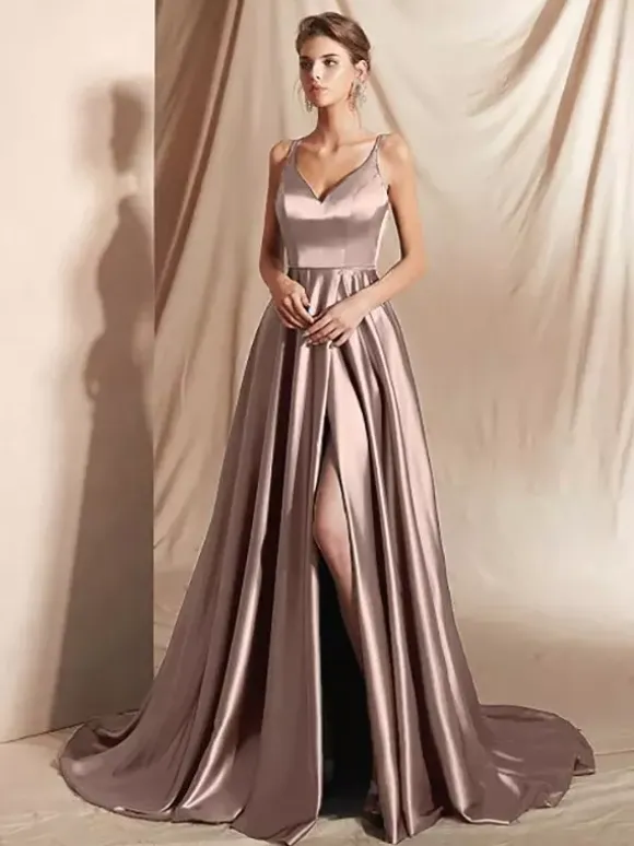 Evening Dress A-Line V-Neck Satin Fabric With Train Split Front Social Party Dresses