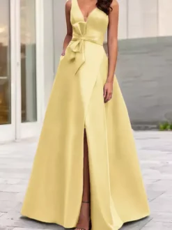 Evening Dress A-Line V-Neck Satin Fabric Floor-Length Bows Formal Dinner Dresses