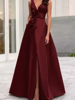 Evening Dress A-Line V-Neck Satin Fabric Floor-Length Bows Formal Dinner Dresses