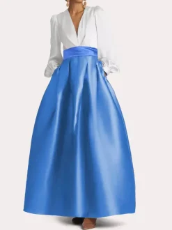 Evening Dress A-Line V-Neck Floor-Length Long Sleeves Zipper Pleated Satin Fabric Formal Party Dresses