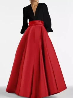 Evening Dress A-Line V-Neck Floor-Length Long Sleeves Zipper Pleated Satin Fabric Formal Party Dresses