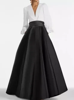 Evening Dress A-Line V-Neck Floor-Length Long Sleeves Zipper Pleated Satin Fabric Formal Party Dresses