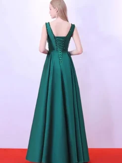 Evening Dress A-Line V-Neck Satin Fabric Floor-Length Beaded Formal Party Dresses