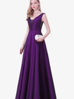 Evening Dress A-Line V-Neck Satin Fabric Floor-Length Beaded Formal Party Dresses
