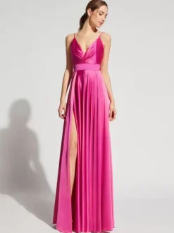 Evening Dress A-Line V-Neck Elastic Silk Like Satin Floor-Length Formal Party Dresses Free Customization