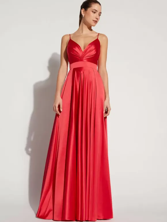 Evening Dress A-Line V-Neck Elastic Silk Like Satin Floor-Length Formal Party Dresses Free Customization