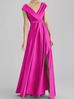 Evening Dress A-Line V-Neck Floor-Length Sleeveless Zipper Sash Satin Fabric Formal Dinner Dresses