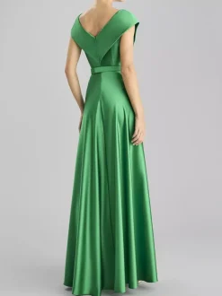 Evening Dress A-Line V-Neck Floor-Length Sleeveless Zipper Sash Satin Fabric Formal Dinner Dresses