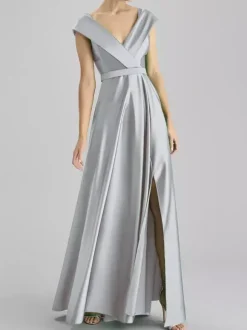 Evening Dress A-Line V-Neck Floor-Length Sleeveless Zipper Sash Satin Fabric Formal Dinner Dresses
