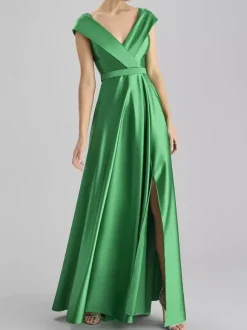 Evening Dress A-Line V-Neck Floor-Length Sleeveless Zipper Sash Satin Fabric Formal Dinner Dresses