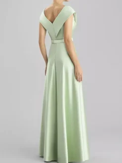 Evening Dress A-Line V-Neck Floor-Length Sleeveless Zipper Sash Satin Fabric Formal Dinner Dresses