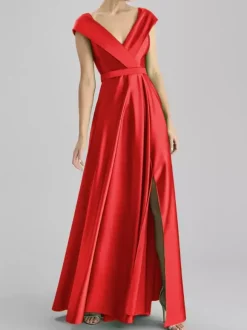 Evening Dress A-Line V-Neck Floor-Length Sleeveless Zipper Sash Satin Fabric Formal Dinner Dresses