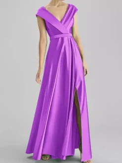 Evening Dress A-Line V-Neck Floor-Length Sleeveless Zipper Sash Satin Fabric Formal Dinner Dresses