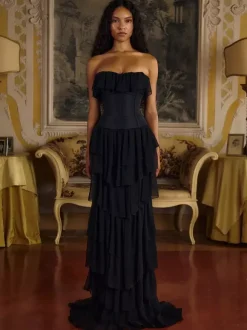 Evening Dress Ball Gown Designed Neckline With Train Sleeveless Lace-up Tiered Tulle Formal Party Dresses