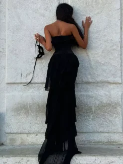 Evening Dress Ball Gown Designed Neckline With Train Sleeveless Lace-up Tiered Tulle Formal Party Dresses