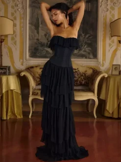 Evening Dress Ball Gown Designed Neckline With Train Sleeveless Lace-up Tiered Tulle Formal Party Dresses