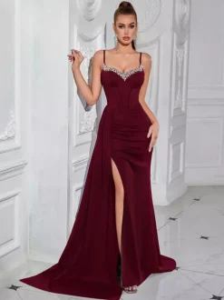 Evening Dress Ball Gown Designed Neckline With Train Sleeveless Zipper Split Front Satin Fabric Formal Party Dresses