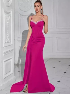 Evening Dress Ball Gown Designed Neckline With Train Sleeveless Zipper Split Front Satin Fabric Formal Party Dresses