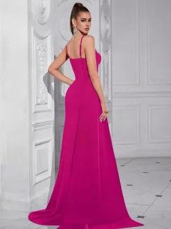 Evening Dress Ball Gown Designed Neckline With Train Sleeveless Zipper Split Front Satin Fabric Formal Party Dresses
