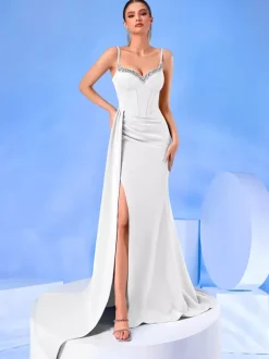 Evening Dress Ball Gown Designed Neckline With Train Sleeveless Zipper Split Front Satin Fabric Formal Party Dresses