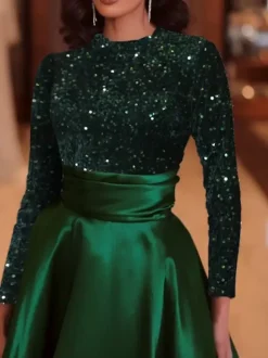 Evening Dress Ball Gown Jewel Neck With Train Long Sleeves Zipper Sequins Velour Social Pageant Dresses