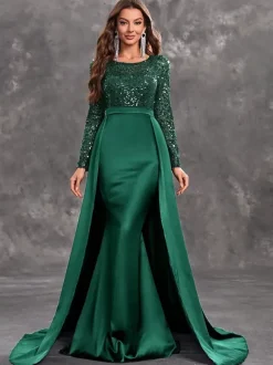 Evening Dress Ball Gown Jewel Neck With Train Long Sleeves Zipper Sequins Satin Fabric Formal Dinner Dresses