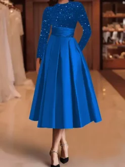 Evening Dress Ball Gown Jewel Neck Satin Fabric Tea-Length Sequins Formal Party Dresses