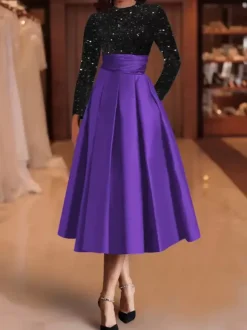 Evening Dress Ball Gown Jewel Neck Satin Fabric Tea-Length Sequins Formal Party Dresses