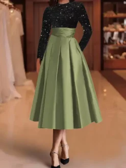 Evening Dress Ball Gown Jewel Neck Satin Fabric Tea-Length Sequins Formal Party Dresses
