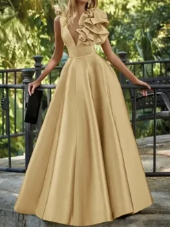 Evening Dress Ball Gown V-Neck Floor-Length Sleeveless Zipper Flowers Satin Fabric Formal Party Dresses