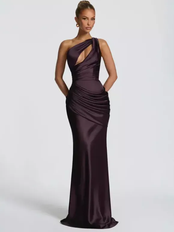 Evening Dress Designed Neckline Elastic Silk Like Satin Floor-Length Pleated Formal Party Dresses