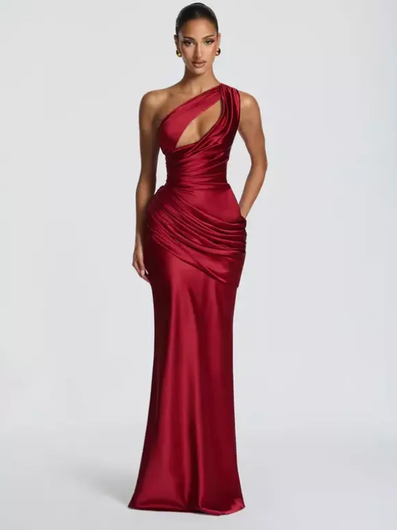 Evening Dress Designed Neckline Elastic Silk Like Satin Floor-Length Pleated Formal Party Dresses