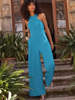 Evening Dress Jumpsuit Designed Neckline Ankle-Length Sleeveless Zipper Pleated Stretch Crepe Formal Party Dresses