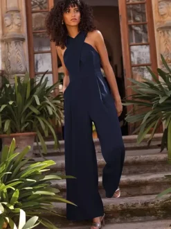 Evening Dress Jumpsuit Designed Neckline Ankle-Length Sleeveless Zipper Pleated Stretch Crepe Formal Party Dresses