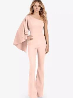 Evening Dress Jumpsuit One-Shoulder Floor-Length Sleeveless Zipper Stretch Crepe Formal Party Dresses