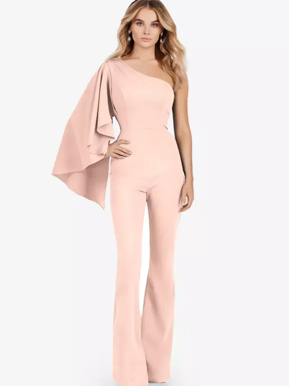 Evening Dress Jumpsuit One-Shoulder Floor-Length Sleeveless Zipper Stretch Crepe Formal Party Dresses