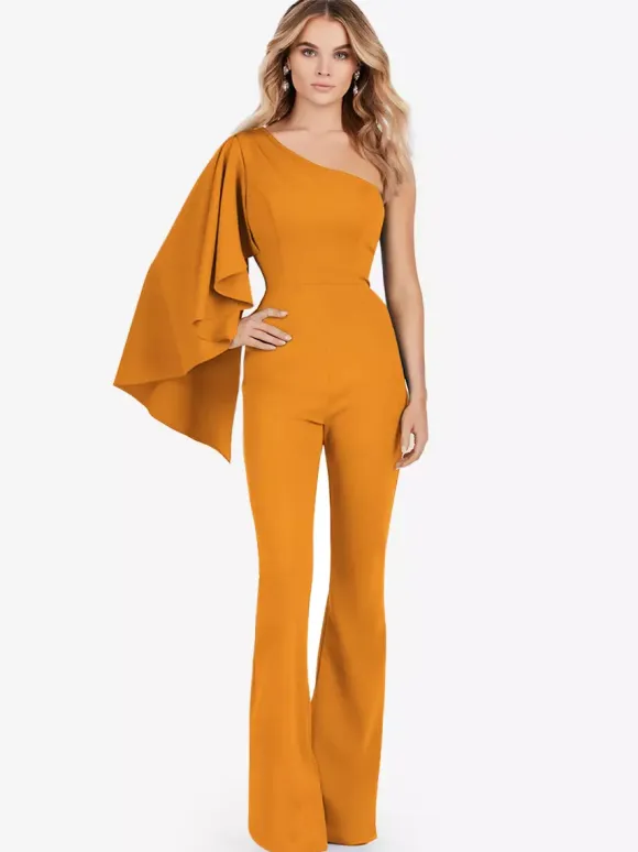 Evening Dress Jumpsuit One-Shoulder Floor-Length Sleeveless Zipper Stretch Crepe Formal Party Dresses