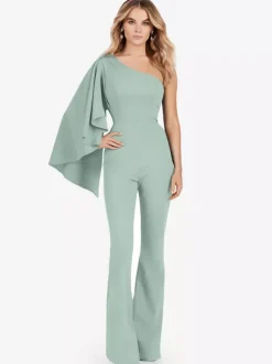 Evening Dress Jumpsuit One-Shoulder Floor-Length Sleeveless Zipper Stretch Crepe Formal Party Dresses