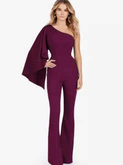 Evening Dress Jumpsuit One-Shoulder Floor-Length Sleeveless Zipper Stretch Crepe Formal Party Dresses