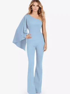 Evening Dress Jumpsuit One-Shoulder Floor-Length Sleeveless Zipper Stretch Crepe Formal Party Dresses