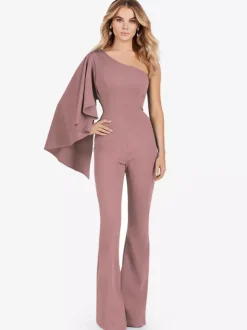 Evening Dress Jumpsuit One-Shoulder Floor-Length Sleeveless Zipper Stretch Crepe Formal Party Dresses