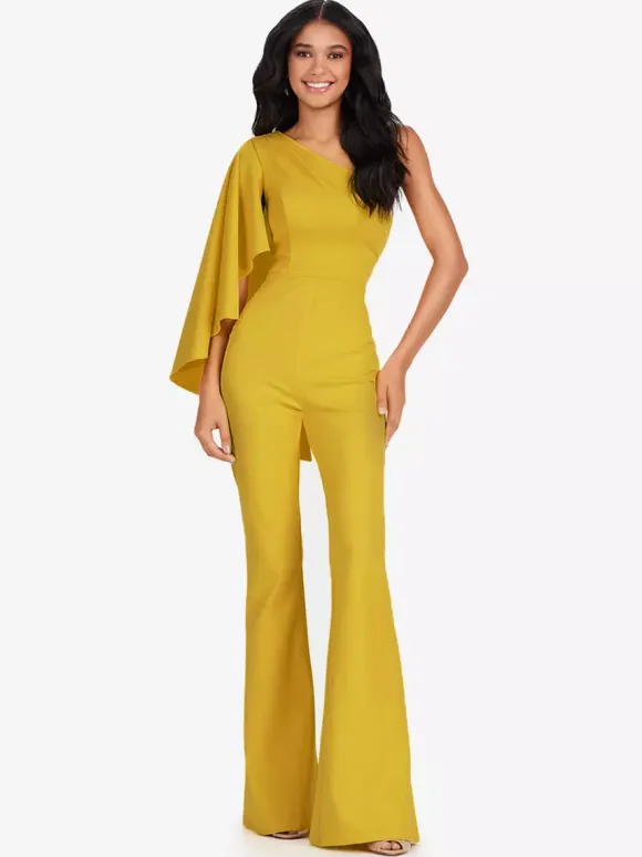 Evening Dress Jumpsuit One-Shoulder Floor-Length Sleeveless Zipper Stretch Crepe Formal Party Dresses