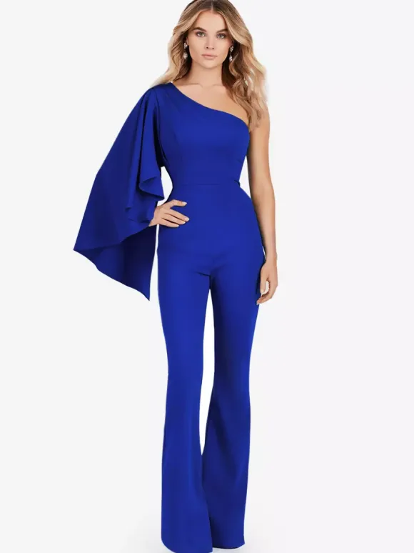 Evening Dress Jumpsuit One-Shoulder Floor-Length Sleeveless Zipper Stretch Crepe Formal Party Dresses