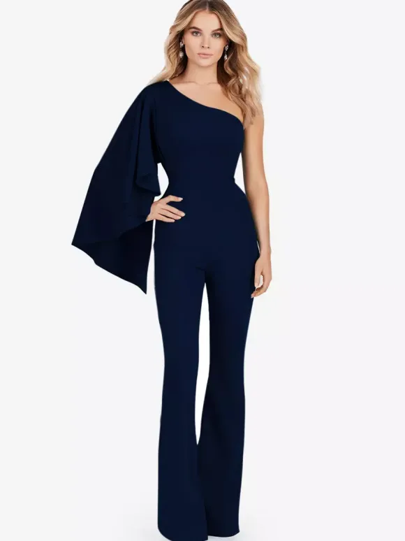 Evening Dress Jumpsuit One-Shoulder Floor-Length Sleeveless Zipper Stretch Crepe Formal Party Dresses