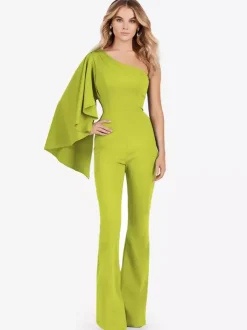 Evening Dress Jumpsuit One-Shoulder Floor-Length Sleeveless Zipper Stretch Crepe Formal Party Dresses